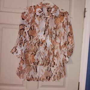 Mari Sheer Snake-Print Button-Down Blouse in Earth Tones Sz L